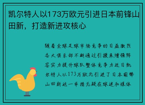 凯尔特人以173万欧元引进日本前锋山田新，打造新进攻核心