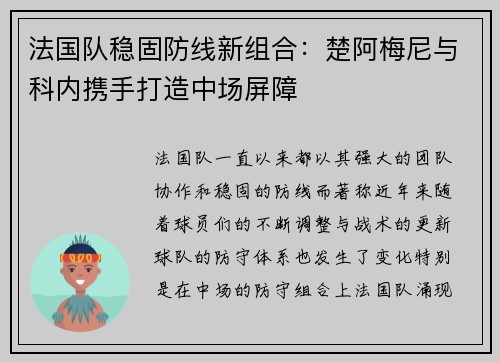 法国队稳固防线新组合：楚阿梅尼与科内携手打造中场屏障