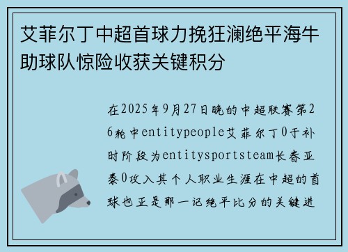 艾菲尔丁中超首球力挽狂澜绝平海牛助球队惊险收获关键积分 艾菲尔丁中超首球力挽狂澜绝平海牛助球队惊险收获关键积分